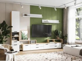 Модульная стенка Санса (дуб сонома/белый) в Шипуново - shipunovo.mebel-nsk.ru | фото